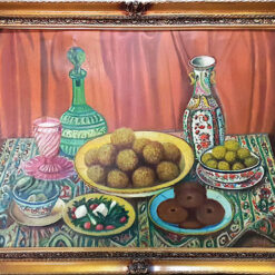 تابلوی زیبای رنگ و روغن کوفته خوری عصرانه امضاء دار به قدمت زمان پهلوی به ابعاد 92  در 74  سانتیمتر