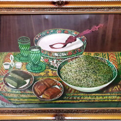 تابلوی رنگ و روغن زیبای سبزی پلو ماهی به ابعاد  92  در 74   سانتیمتر امضاء دار با قدمت بیش از 60 سال
