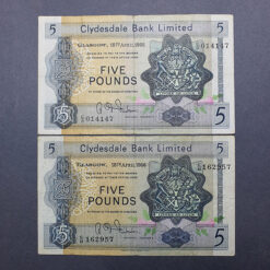 دوعدد اسکناس 5 پوندی 1966 انگلیس   SCOTLAND CLYDESDALE . کلکسیونی و نایاب